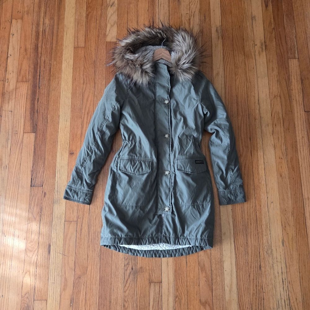 Abercrombie & Fitch Olive Green Faux Fur Hooded Parka Jacket Utility Coat XS